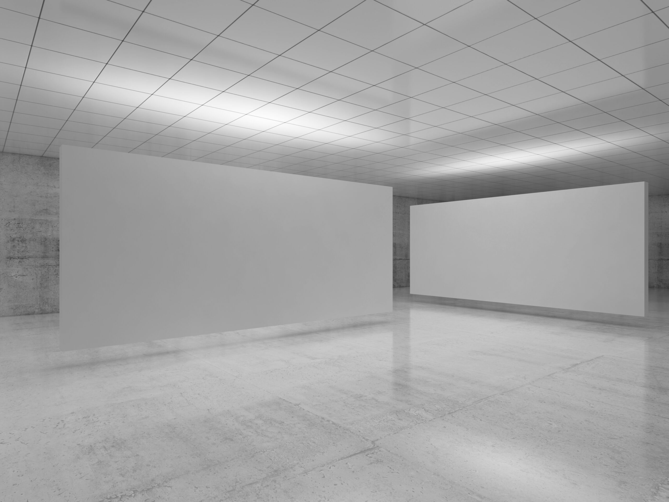 Abstract empty minimalist interior design, white stands installation levitating in exhibition gallery with walls made of polished concrete and shiny ceiling. 3d render